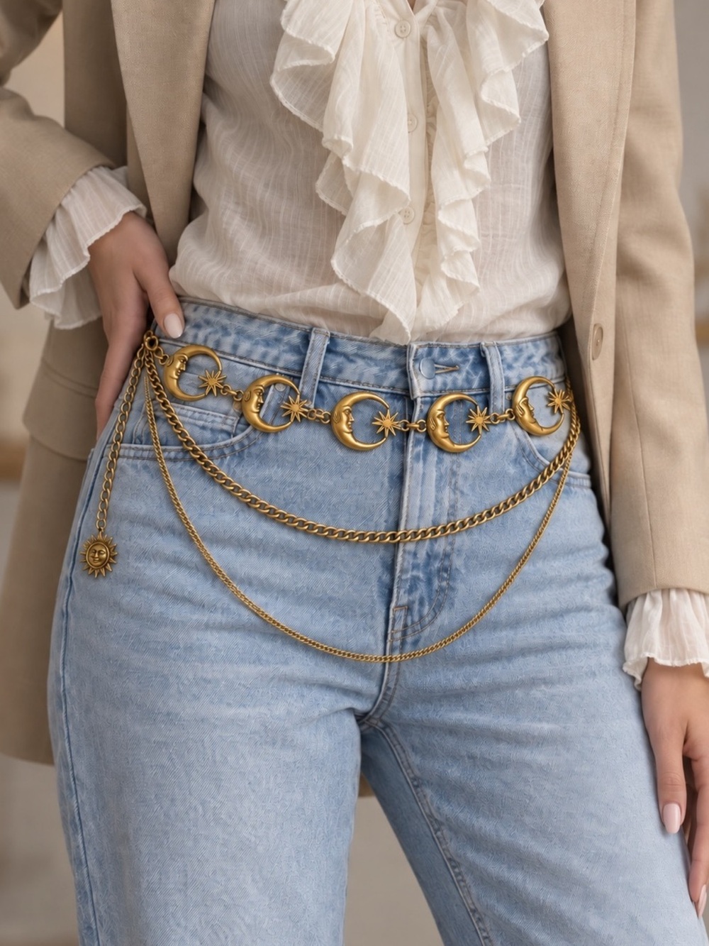 Vintage Celestial Moon & Star Layered Waist Chain Belt